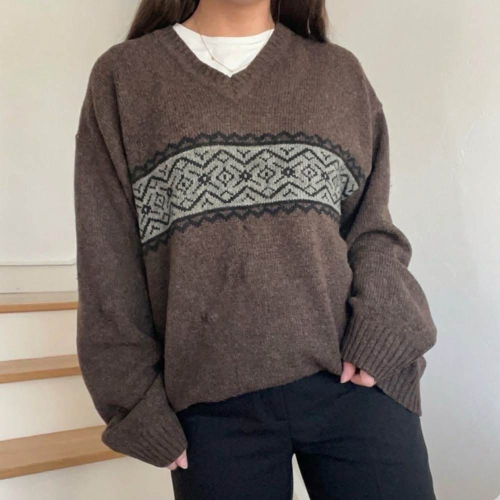 Vintage Thomas Burberry Brown Grey Knit Fair Isle Wool V-Neck Sweater Size Large